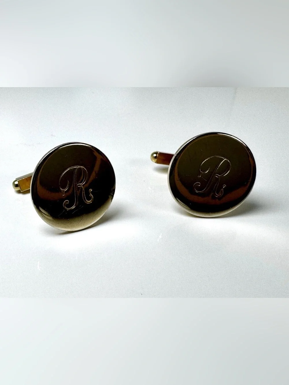 Gold Tone Engraved 'R' Round Men's Cufflinks Bullet Back Custom #1542